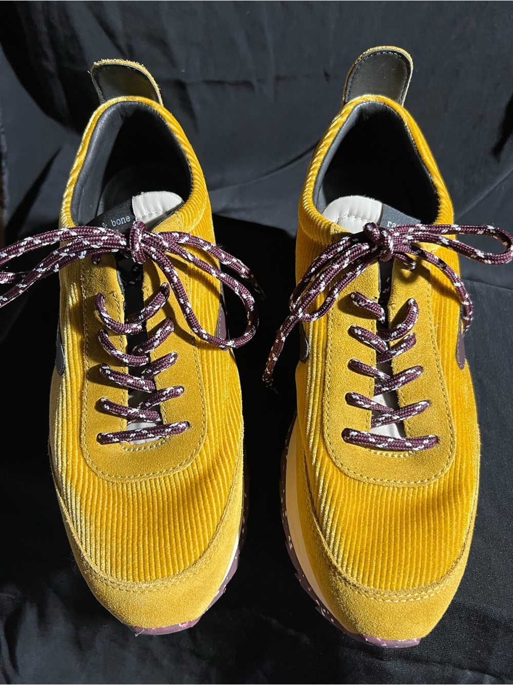rag & bone Mustard Yellow Corduroy Low-Top Sneakers with Maroon Speckled Laces